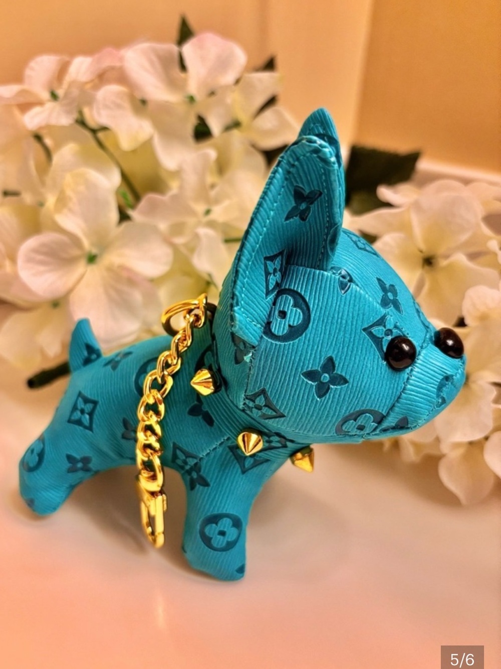Bag Charm/Key Fob adorable Turquoise Frenchie Dog with spiked collar! - Picture 5 of 6